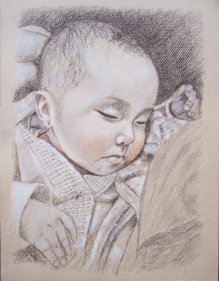 Retrato de bebé dormido a lápiz sanguina