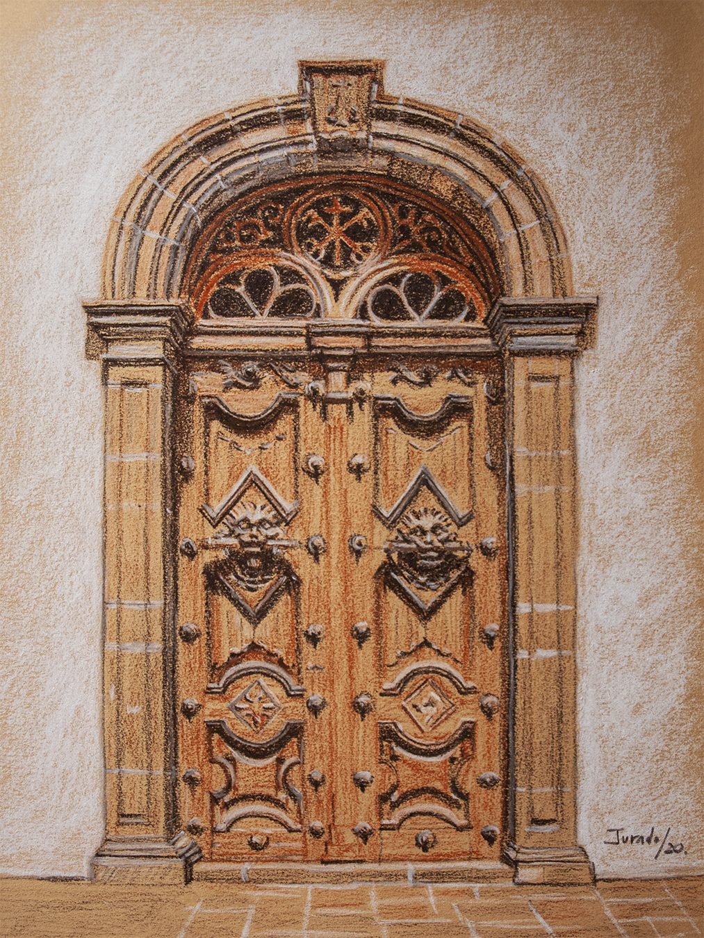 Portada colonial dibujada a lápiz sanguina y terracota